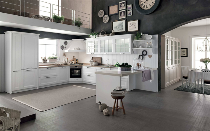 stylish kitchen interior, modern design, American style, kitchen, white wooden furniture