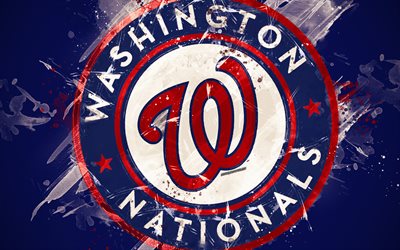 Nacionales de Washington, 4k, grunge arte, logotipo, american club de b&#233;isbol, MLB, fondo azul, emblema, Washington, estados UNIDOS, la Liga Mayor de B&#233;isbol de la Liga Nacional, arte creativo
