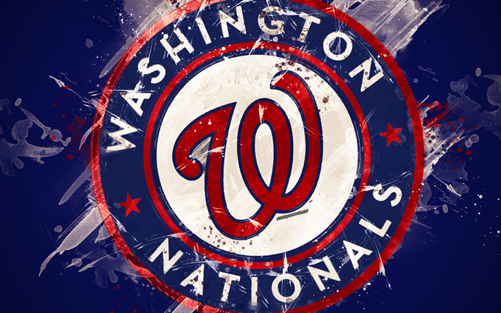 Washington Nationals, 4k, grunge arte, logo, americana de beisebol clube, MLB, fundo azul, emblema, Washington, EUA, Major League Baseball, Liga Nacional, arte criativa