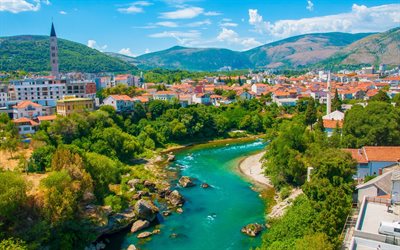 Mostar, estate, fiume Neretva, il fiume, la citt&#224;, Bosnia-Erzegovina, turismo