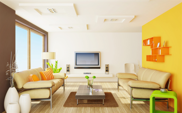 modern stylish living room, project, yellow wall, modern design, beige stylish leather sofas in the interior