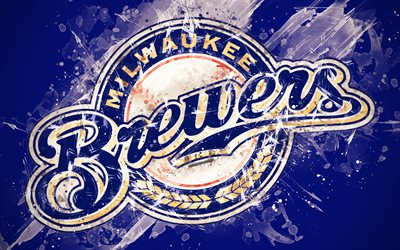 Milwaukee Brewers, 4k, grunge art, logo, amerikkalainen baseball club, MLB, sininen tausta, tunnus, Milwaukee, Wisconsin, USA, Major League Baseball, National League, creative art