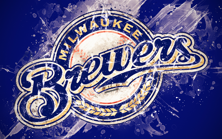 Los Cerveceros de Milwaukee, 4k, grunge arte, logotipo, american club de b&#233;isbol, MLB, fondo azul, emblema, Milwaukee, Wisconsin, estados UNIDOS, la Liga Mayor de B&#233;isbol de la Liga Nacional, arte creativo