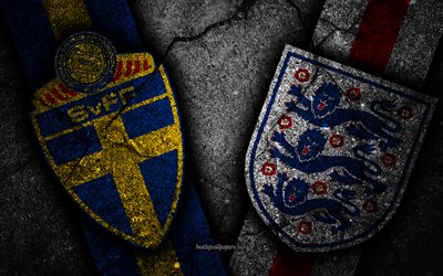 Sweden vs England, 4k, FIFA World Cup 2018, Round of 8, logo, Russia 2018, Soccer World Cup, Sweden football team, England football team, black stone, Quarter-finals