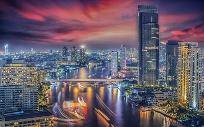 Bangkok, natt, skyskrapor, stadens ljus, hdr, ljusa linjer, stadsbilden, Thailand