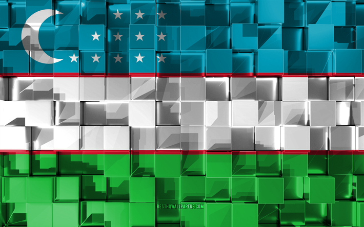 Flaggan i Uzbekistan, 3d-flagga, 3d kuber konsistens, Flaggor fr&#229;n l&#228;nder i Asien, 3d-konst, Uzbekistan, Asien, 3d-textur, Uzbekistan flagga