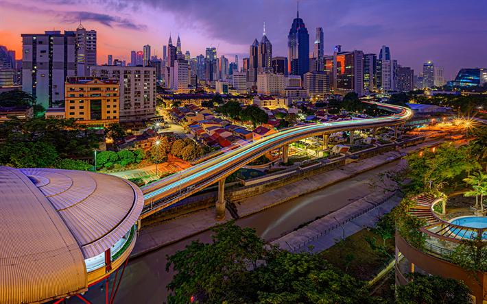 Kuala Lumpur, tramonto, grattacieli, autostrade, edifici moderni, parco, Malesia