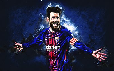 Lionel Messi, O FC Barcelona, a estrela do futebol, retrato, Jogador de futebol argentino, atacante, azul criativo fundo, Catalunha, Espanha, futebol
