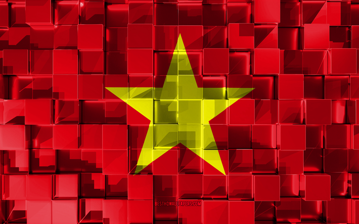 Vietnamin lippu, 3d-lippu, 3d kuutiot rakenne, Liput Aasian maat, 3d art, Vietnam, Aasiassa, 3d-rakenne