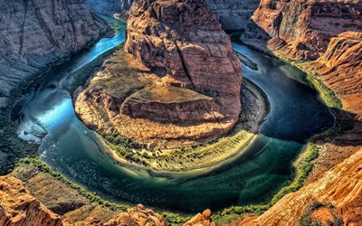 Horseshoe Bend, HDR, Glen Canyon, &#246;knen, Colorado River, amerikanska landm&#228;rken, sommar, Arizona, USA, vacker natur, Amerika