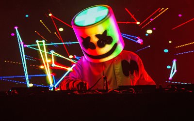 DJ Marshmello, night party, abstract art, Christopher Comstock, concert, Marshmello on stage, superstars, Marshmello, DJs, Marshmello in nightclub