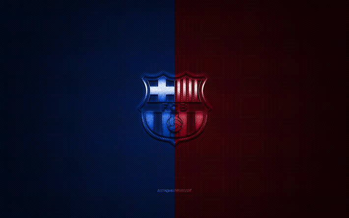 FC Barcelona, Katalonian football club, sininen viininpunainen metallinen logo, sininen viininpunainen kuitu tausta, Barcelona, Katalonia, Espanja, Liiga, jalkapallo