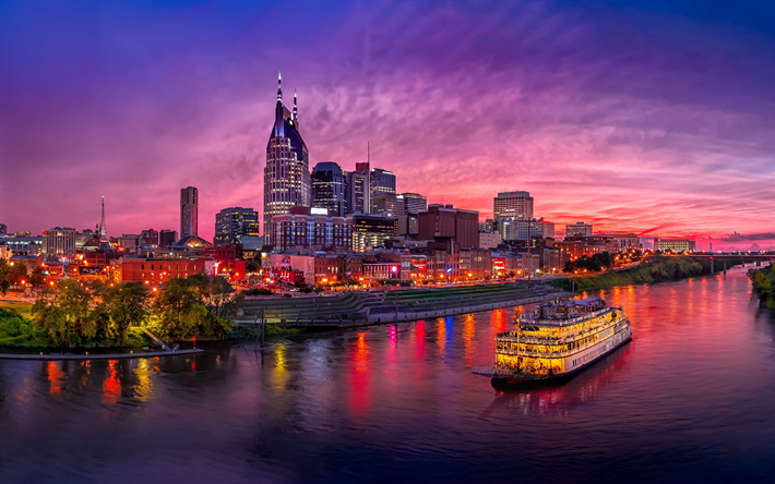 4k, Nashville, sunset, cityscapes, modern buildings, american cities, Tennessee, Nashville at evening, America, Cities of Tennessee, USA, City of Nashville, HDR