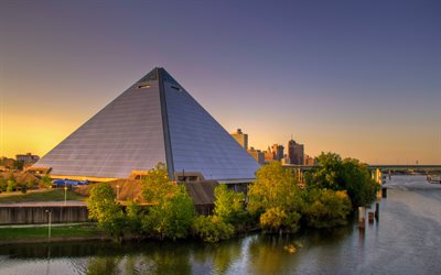 Memphis Pyramidi, 4k, sunset, moderneja rakennuksia, amerikan kaupungit, Tennessee, kaupunkimaisemat, Suuri Amerikkalainen Pyramid, Memphis, Amerikassa, USA, Kaupungin Memphis, HDR, Kaupungeissa Tennessee