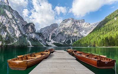 Lake Braies, mountain landscape, mountain lake, rocks, South Tyrol, Dolomites, Lago di Braies