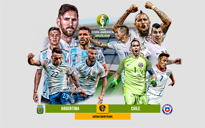 Argentina vs Chile, 2019 Copa America, promo, football match, team leaders, Brazil 2019, match for 3rd place, Arena Corinthians, Argentina, Chile