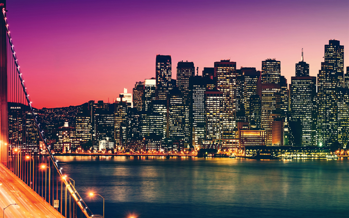 San Francisco, coucher de soleil, paysages urbains, les villes d&#39;am&#233;rique, la Californie, etats-unis, les b&#226;timents modernes, l&#39;Am&#233;rique, San Francisco skyline, Ville de San Francisco, les Villes de la Californie