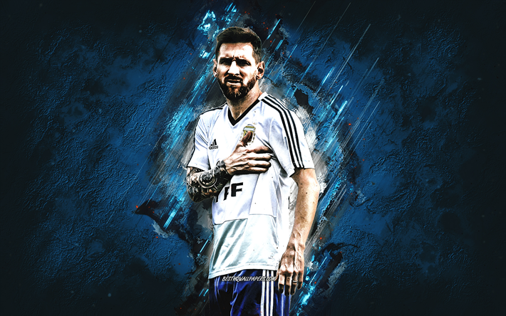 Lionel Messi, Argentina national football team, portre, football star, blue creative background, Argentinian footballer, striker, Argentina, football, Messi