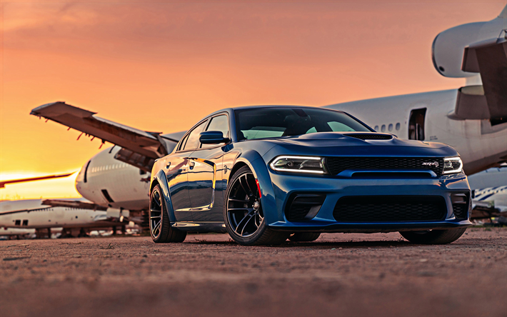 2020 Dodge Charger, Hellcat Widebody, front view, blue sports sedan, tuning Charger, new blue Charger, black wheels, american racing cars, Dodge