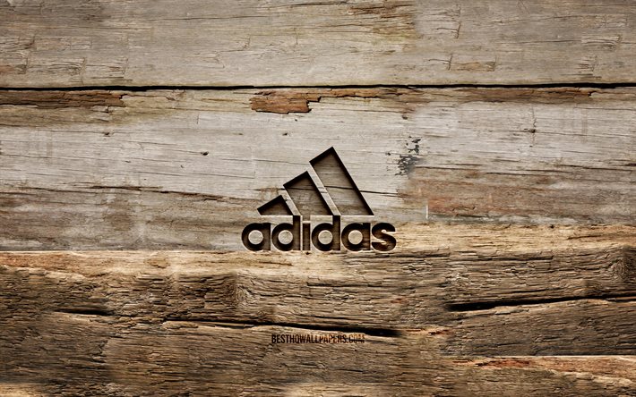 Logo Adidas in legno, 4K, sfondi in legno, marchi di moda, logo Adidas, creativo, sculture in legno, Adidas
