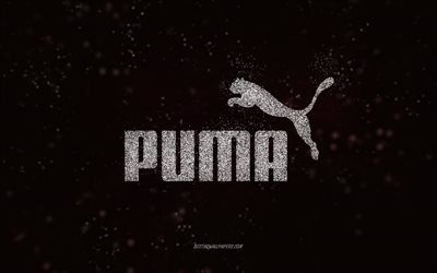 Puma glitter logo, black background, Puma logo, white glitter art, Puma, creative art, Puma white glitter logo