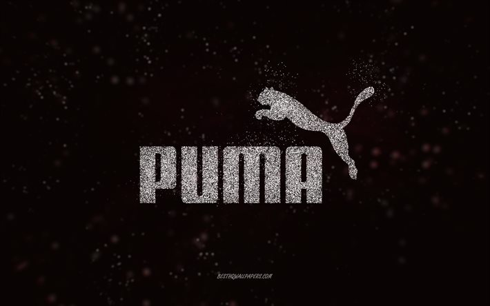 Puma logo glitter, sfondo nero, logo Puma, arte glitter bianca, Puma, arte creativa, logo Puma bianco glitter