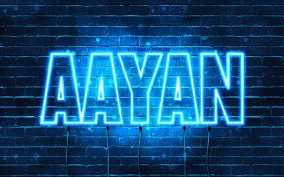 Aayan, 4k, wallpapers with names, Aayan name, blue neon lights, Happy Birthday Aayan, popular arabic male names, picture with Aayan name