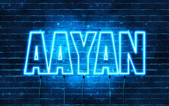 Aayan, 4k, fonds d&#39;&#233;cran avec des noms, nom Aayan, n&#233;ons bleus, joyeux anniversaire Aayan, noms masculins arabes populaires, photo avec nom Aayan