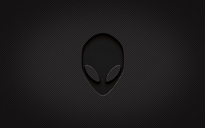 Alienware karbon logosu, 4k, grunge sanat, karbon arka plan, yaratıcı, Alienware siyah logosu, Alienware logosu, Alienware