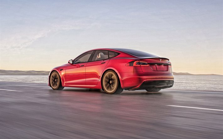 2021, Tesla Model S, 4k, n&#228;kym&#228; takaa, ulkopuoli, s&#228;hk&#246;auto, uusi punainen Model S, amerikkalaiset autot, Tesla