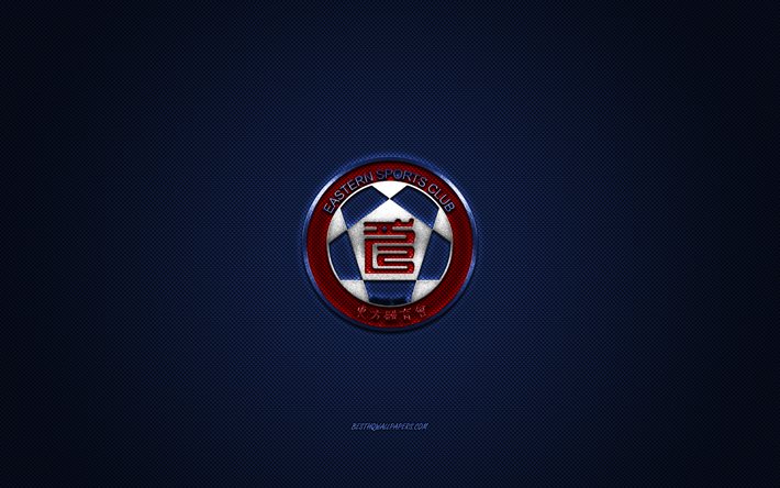 Eastern Sports Club, Hong Kong football club, red logo, blue carbon fiber background, Hong Kong Premier League, football, Hong Kong, Eastern Sports Club logo, Eastern AA
