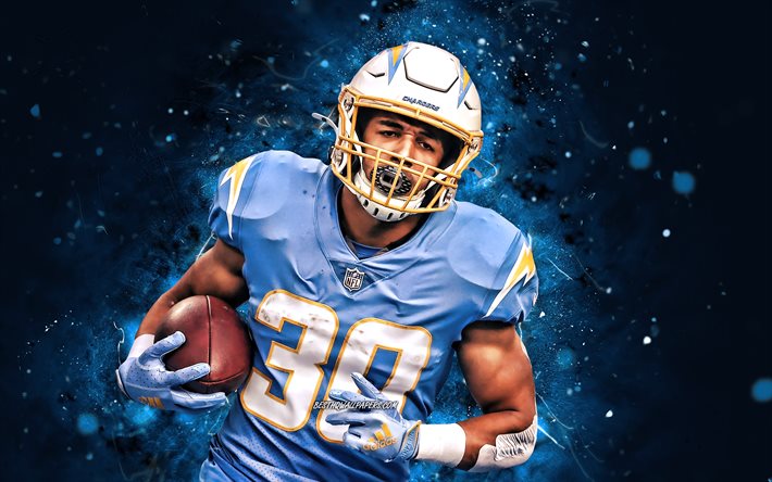 Austin Ekeler, 4k, NFL, running back, Los Angeles Chargers, american football, LA Chargers, National Football League, blue neon lights, Austin Ekeler LA Chargers