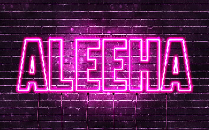 aleeha, 4k, hintergrundbilder mit namen, weiblichen namen, aleeha-name, lila neonlichter, happy birthday aleeha, beliebte arabische frauennamen, bild mit aleeha-namen