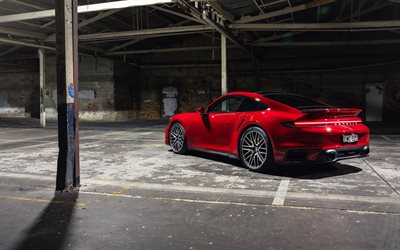 Porsche 911 Turbo, 2021, rear view, exterior, red sports coupe, new red 911 Turbo, german sports cars, Porsche
