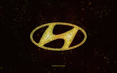 Logotipo com glitter da Hyundai, fundo preto, logo da Hyundai, arte com glitter amarelo, Hyundai, arte criativa, logo com glitter amarelo da Hyundai