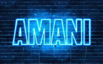 Amani, 4k, pap&#233;is de parede com nomes, nome Amani, luzes de n&#233;on azuis, feliz anivers&#225;rio Amani, nomes masculinos &#225;rabes populares, foto com o nome Amani