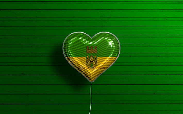 I Love Recklinghausen, 4k, realistic balloons, green wooden background, german cities, flag of Recklinghausen, Germany, balloon with flag, Recklinghausen flag, Recklinghausen, Day of Recklinghausen