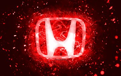 Honda red logo, 4k, red neon lights, creative, red abstract background, Honda logo, cars brands, Honda