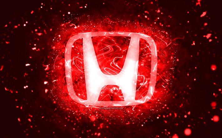 Logo rouge Honda, 4k, n&#233;ons rouges, cr&#233;atif, fond abstrait rouge, logo Honda, marques de voitures, Honda