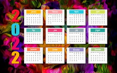2022 Calendar, colorful background, 2022 all months calendar, 2022 concepts, 2022 New Year Calendar