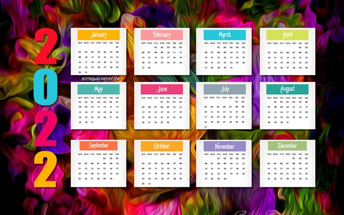 Download Wallpapers 2022 Calendar Colorful Background 2022 All Months Calendar 2022 Concepts 2022 New Year Calendar For Desktop Free Pictures For Desktop Free