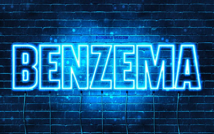 Benzema, 4k, fonds d&#39;&#233;cran avec des noms, nom Benzema, n&#233;ons bleus, joyeux anniversaire Benzema, noms masculins arabes populaires, photo avec nom Benzema
