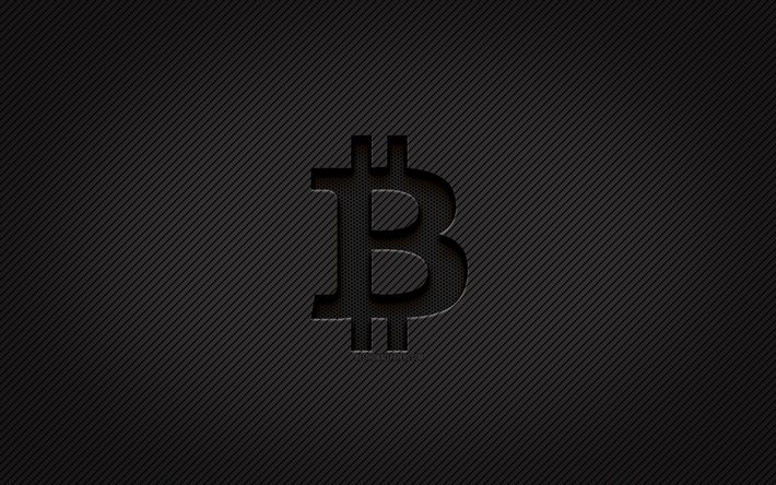 Bitcoin karbon logosu, 4k, grunge sanat, karbon arka plan, yaratıcı, Bitcoin siyah logosu, kripto para birimi, Bitcoin logosu, Bitcoin