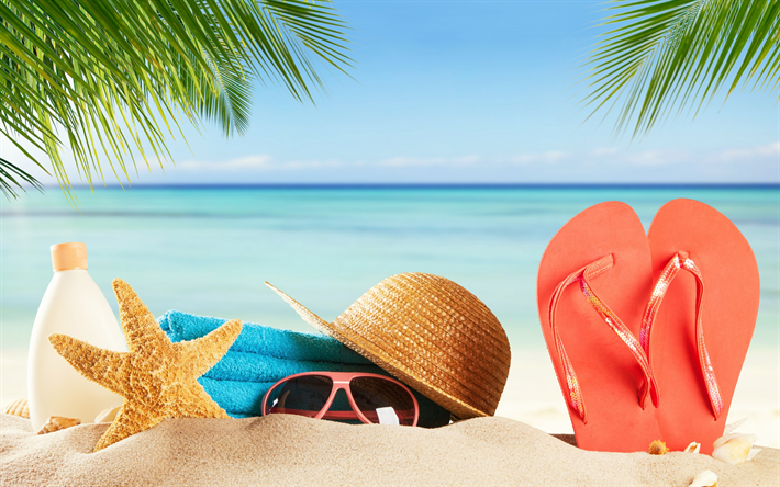 Beach accessories, summer, sea, summer vacation, beach, sand, sunglasses, sunscreen, towel