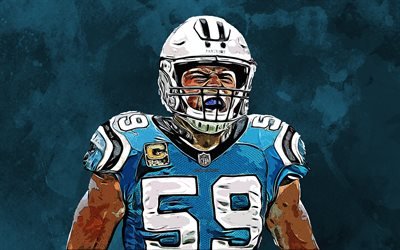 Luke Kuechly, 4k, Carolina Panthers, grunge art, creative, American footbal, linebacker, NFL, USA, National Football League, blue grunge background