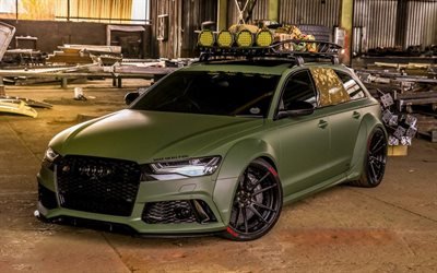 Audi RS6, 2018, sport wagon, military style, tuning RS6, green matte, German cars, ADV1 wheels, Army Green, Audi