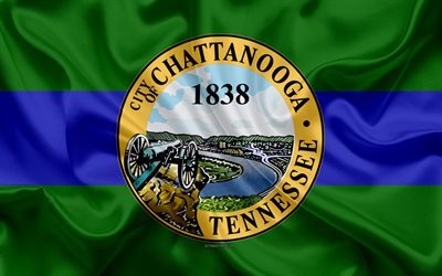 Chattanooga, Flag of Chattanooga, 4k, silk texture, American city, green blue silk flag, Chattanooga flag, Tennessee, USA, art, United States of America
