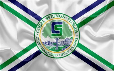 Flag of Coral Springs, 4k, silkki tekstuuri, Amerikkalainen kaupunki, valkoinen silkki lippu, Coral Springs lippu, Florida, USA, art, Yhdysvallat, Coral Springs