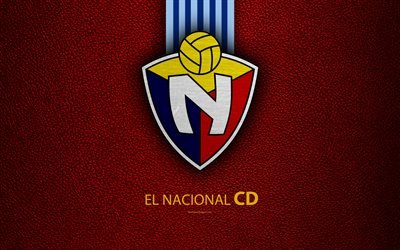 CD El Nacional, 4k, textura de cuero, Ecuatoriana de f&#250;tbol del club, fondo rojo, logotipo, emblema, Ecuatoriano de la Serie a, Quito, Ecuador, el f&#250;tbol