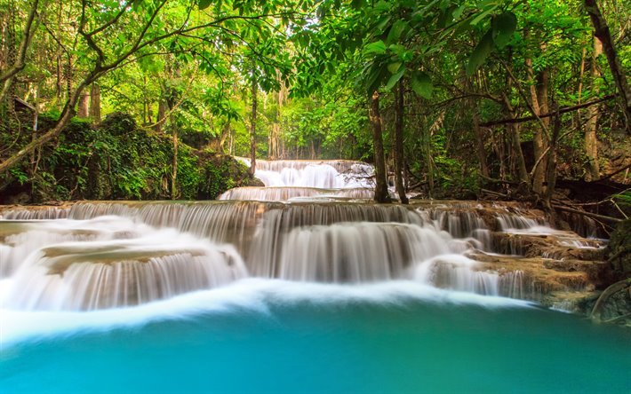 Download wallpapers jungle, Thailand, waterfall, rainforest, summer,  travel, beautiful forest waterfall, blue water for desktop free. Pictures  for desktop free